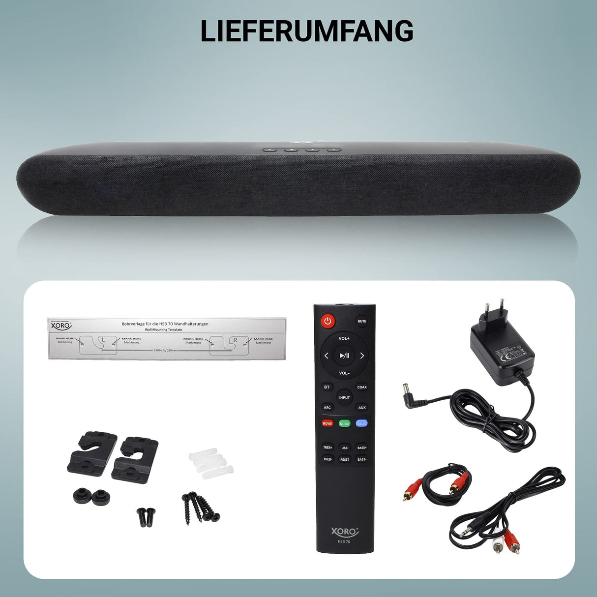 Xoro Altavoz estéreo para televisión HSB 70 con Bluetooth, 60 W de Potencia de Salida, AV IN, HDMI ARC, Reproductor Multimedia USB 2.0, Incluye Soporte de Pared, Mando a Distancia por Infrarrojos