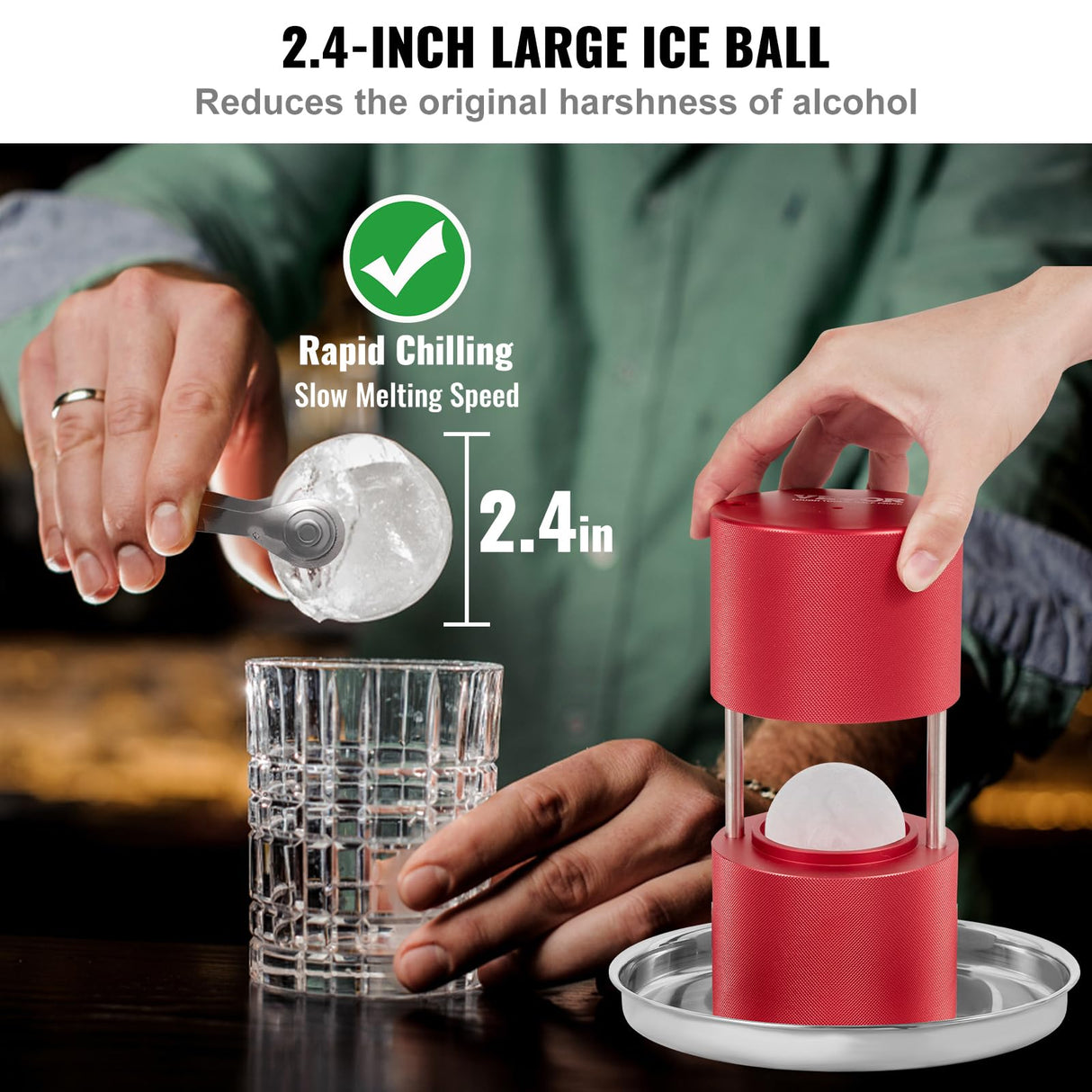VEVOR Prensa para Bolas de Hielo 2,4" Kit de Aleación de Avión para Esferas de 60mm, Con Pinza y Bandeja de Goteo, para Whisky, Cocktail, Rojo