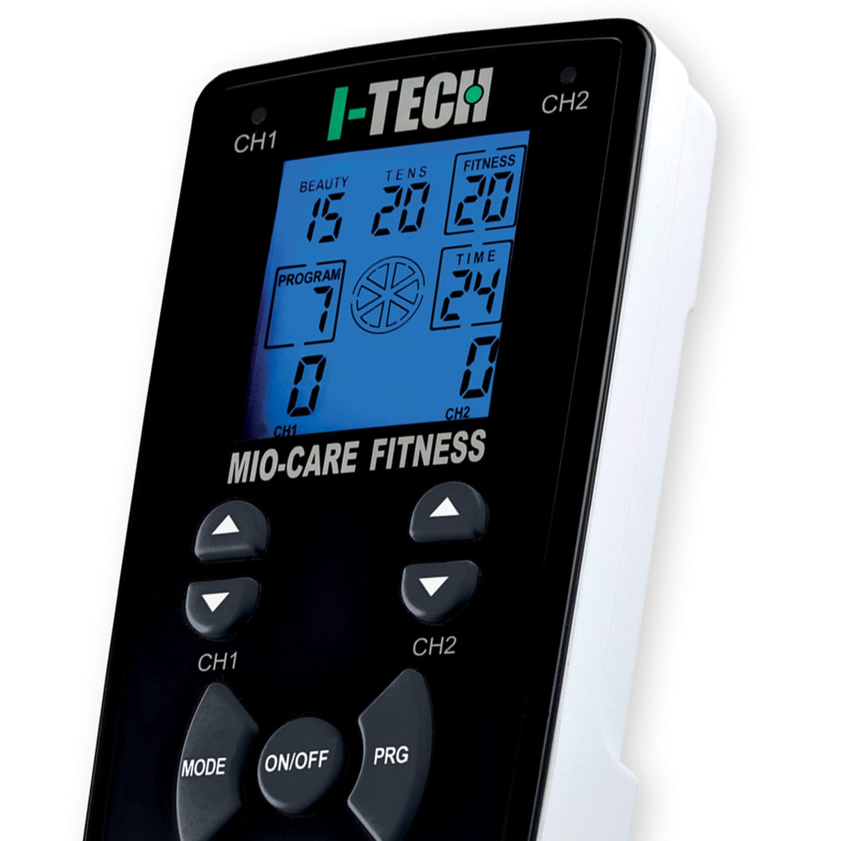 I-Tech Mio-Care Fitness, Electroestimulador 2 Canales Independientes, 8 Electrodos, Display Retroiluminado, Max 100 mAh por Canal, 55 Programas: 20 Médico, 15 Belleza, 20 Fitness, 500 Aplicaciones