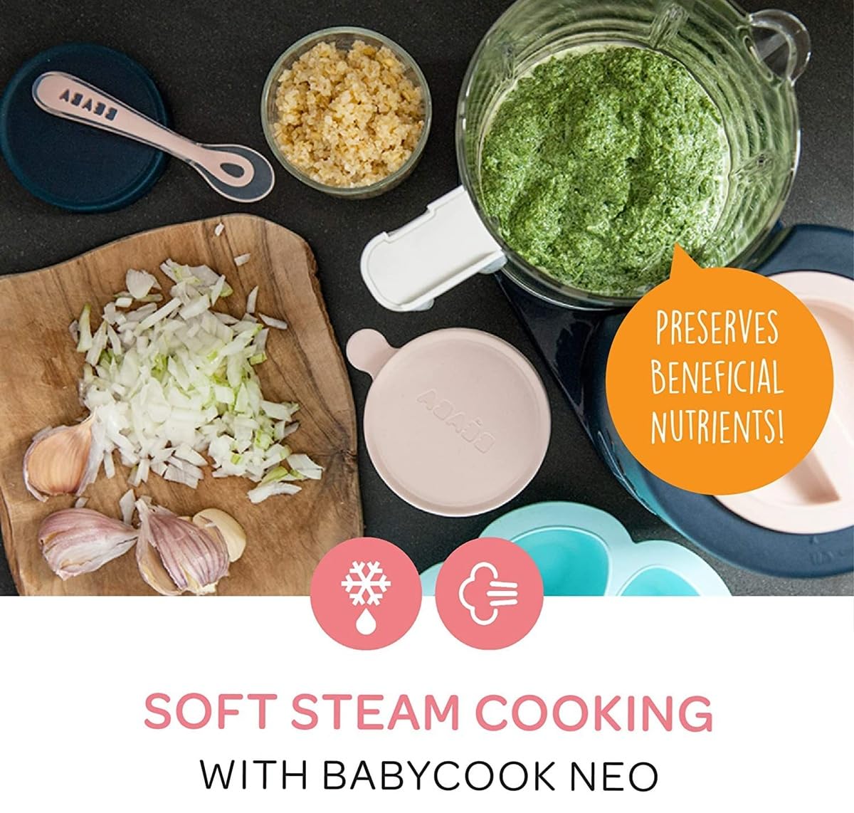 Béaba - Babycook Neo - Máquina de alimentos para bebés - 6 en 1: Procesador de alimentos, licuadora y cocina - Cocina al vapor suave - Comida casera rápida para bebés - Cuenco de vidrio - Recipiente