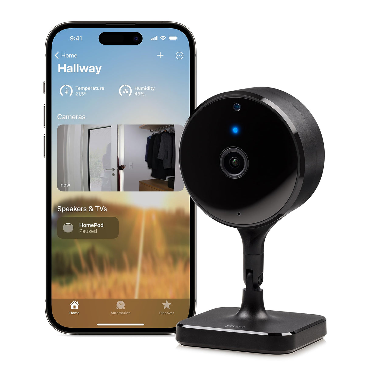 Eve Cam, cámara inteligente para interior, resolución 1080p, Wi-Fi, privacidad total, HomeKit Secure Video, notificaciones en iPhone, micrófono y altavoz, visión nocturna, instalación flexible