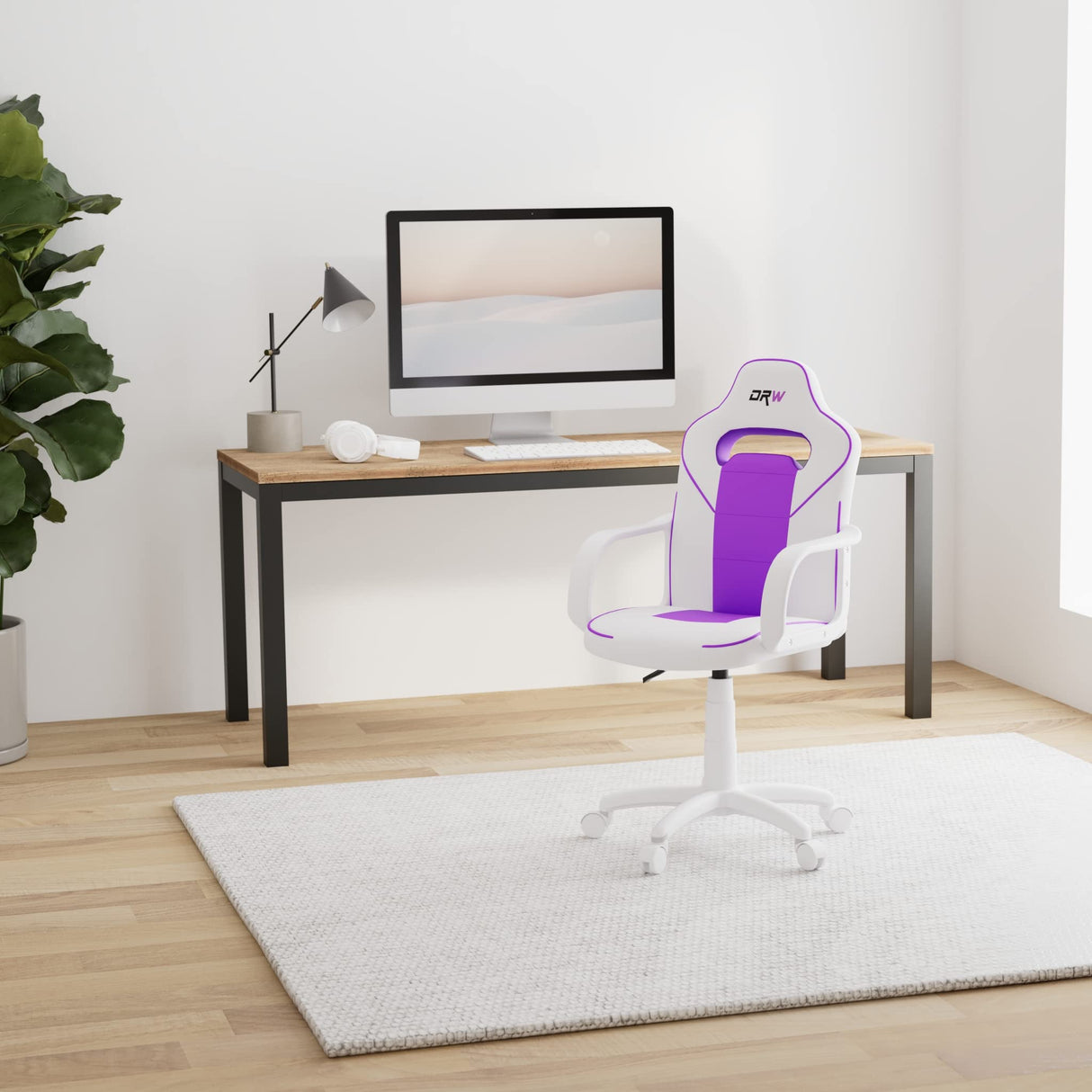 duehome | DRW, Silla Gamer, Silla de Oficina Gaming Estudio o Escritorio, Acabado en Símil Piel Blanco y Lila, Medidas: 46,5 cm (Ancho) x 46 cm (Largo) x 98-109,5 cm (Alto)