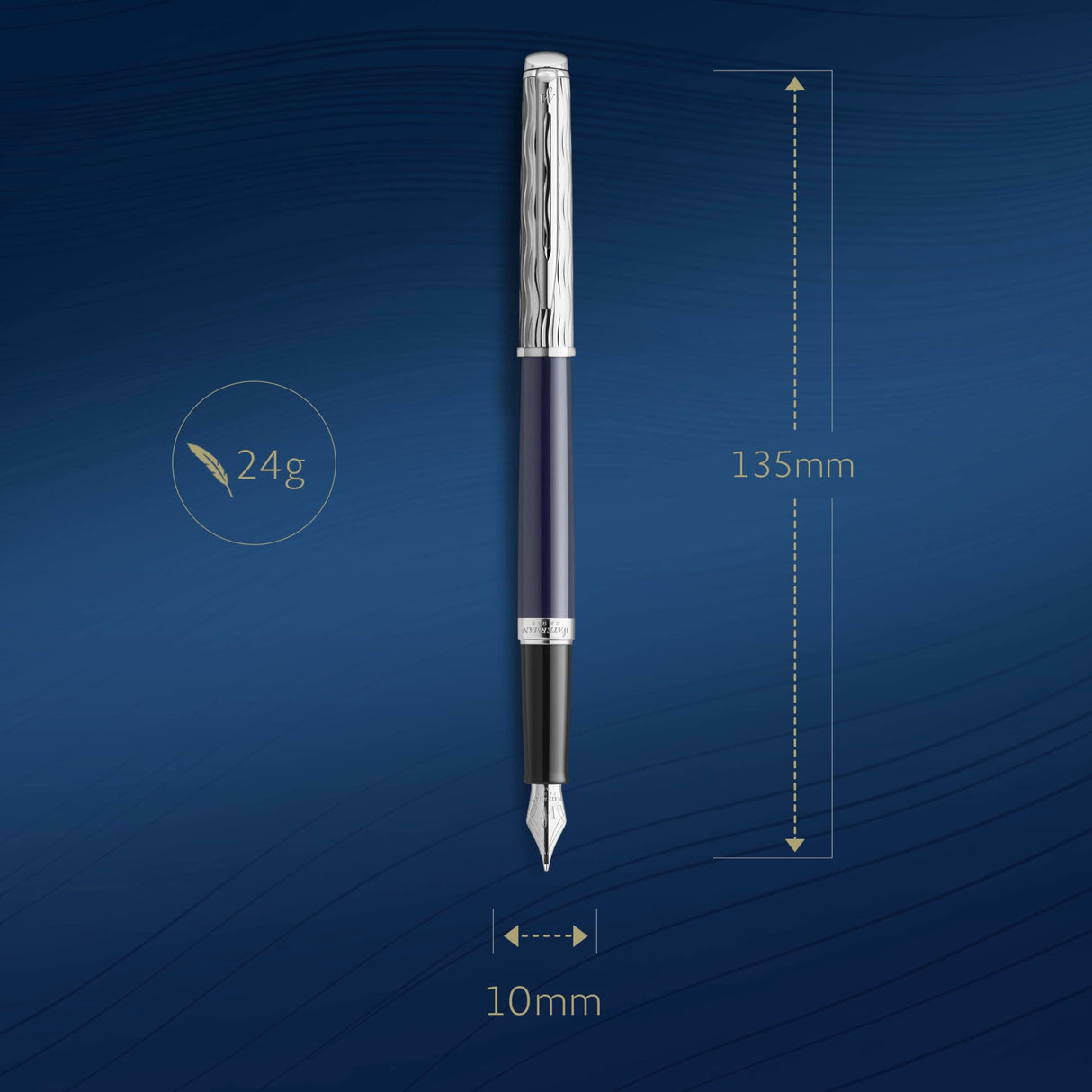 Waterman Hémisphère pluma estilográfica | Metalizada y lacada en azul | Capuchón labrado | Plumín fino de acero inoxidable | Tinta azul | Estuche de regalo