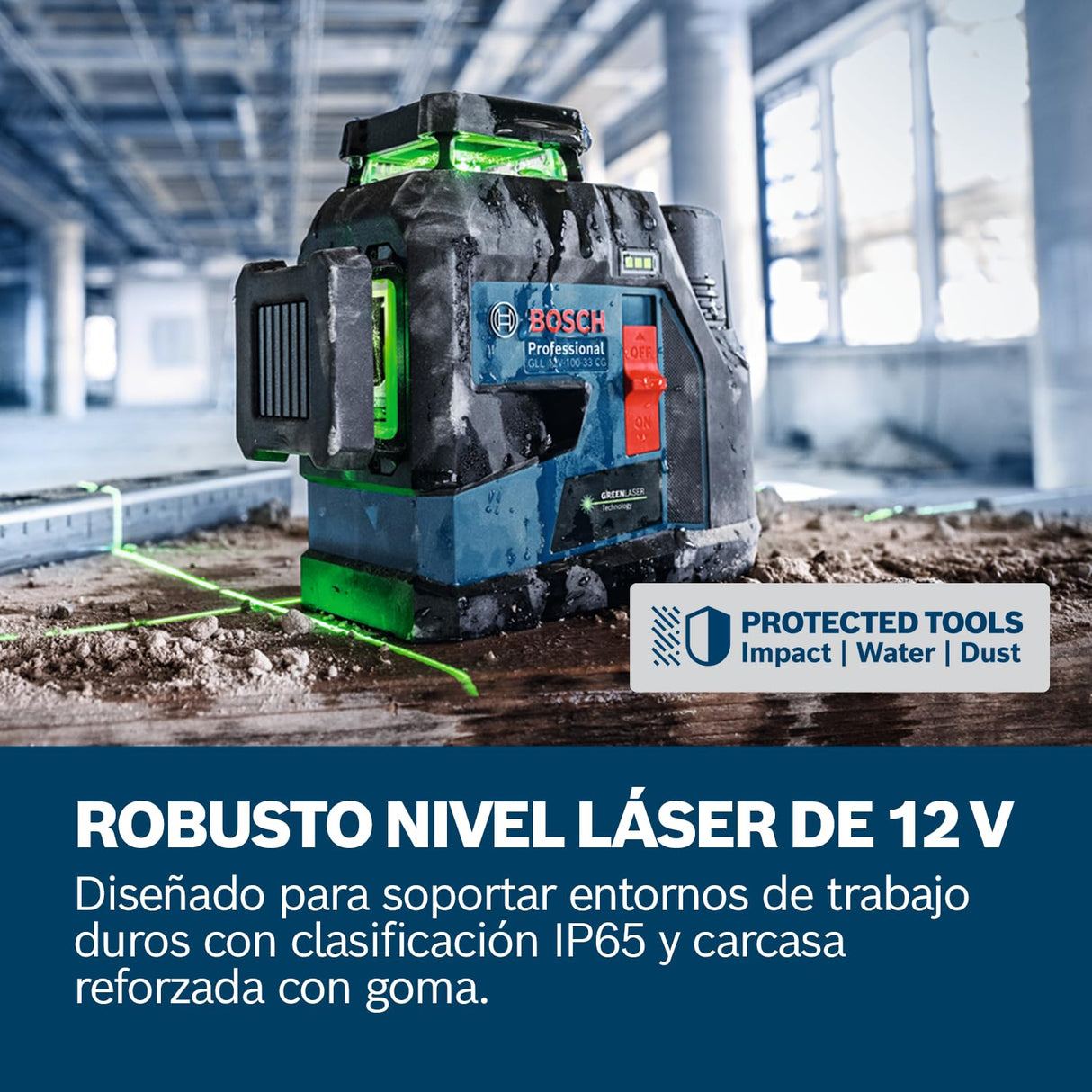Nivel láser GLL 12V-100-33 CG de Bosch Professional (tres láseres verdes de 360°, 100 m de alcance (radio) con receptor, Levelling Remote, IP 65, LB 10, 4 x 1,5 V LR6 (AA), adaptador AA1, funda)