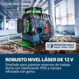 Nivel láser GLL 12V-100-33 CG de Bosch Professional (tres láseres verdes de 360°, 100 m de alcance (radio) con receptor, Levelling Remote, IP 65, LB 10, 4 x 1,5 V LR6 (AA), adaptador AA1, funda)