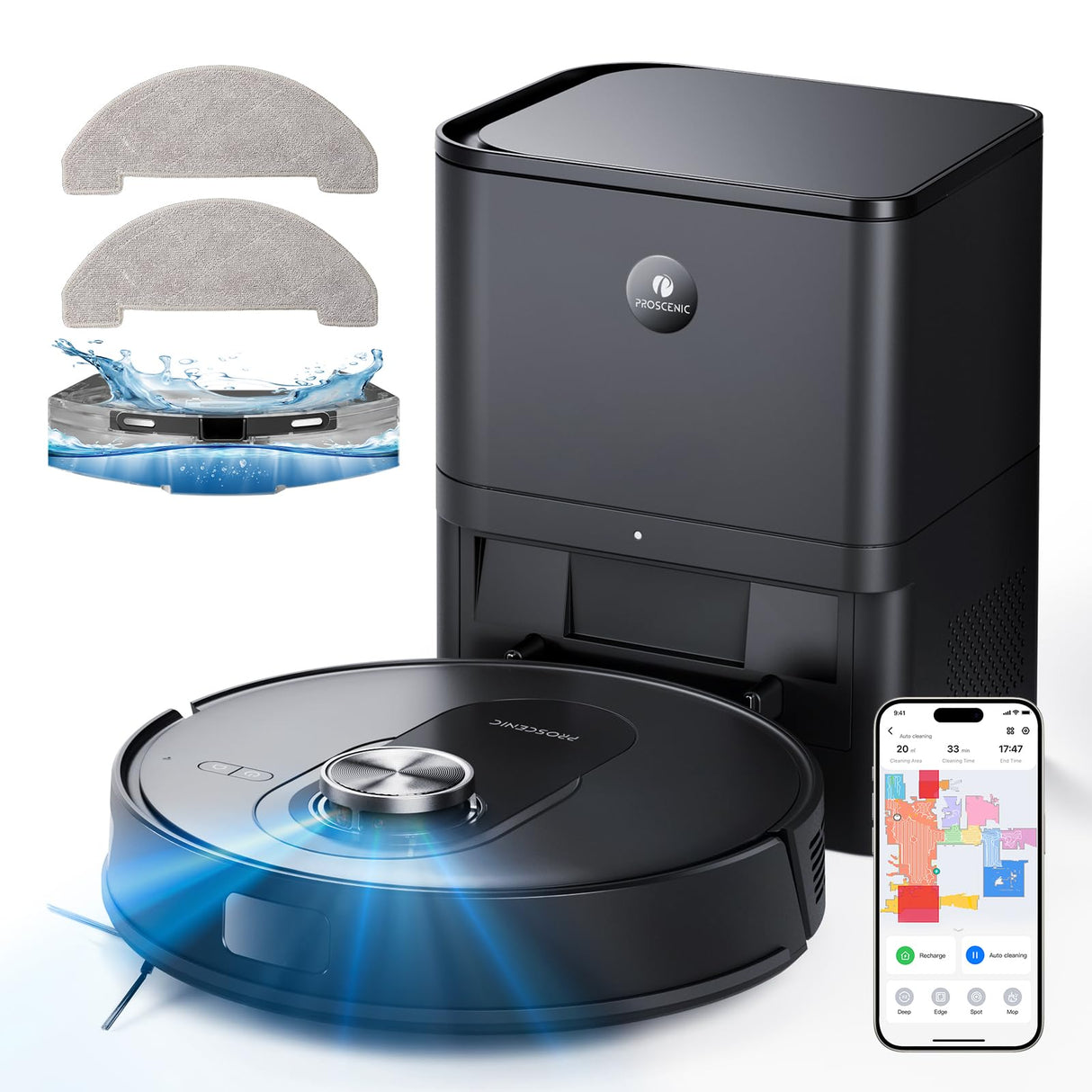 Proscenic Q8 MAX Robot Aspirador con Base Autovaciado, Navegación Lidar, 5000Pa/200Mins Potente Succión, Antienredos, Control de Voz/App/Aleax, Ideal para Pelo de Mascotas, Polvo, Piso y Alfombras