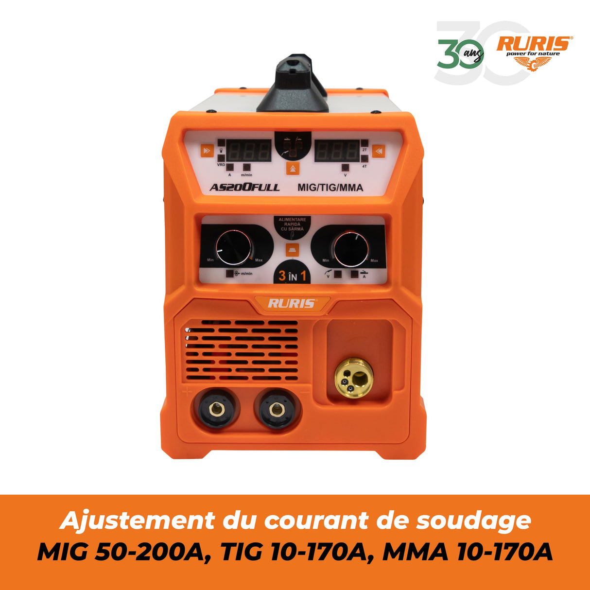 RURIS - Estación de soldadura inversor AS200FULL 200A – MIG/MAG sin gas, LIFT TIG, MMA – 230 V, 60% Duty Cycle, Ø Alambre 0,8-1 mm, Ø electrodos 2,5-4 mm, kit completo incluido