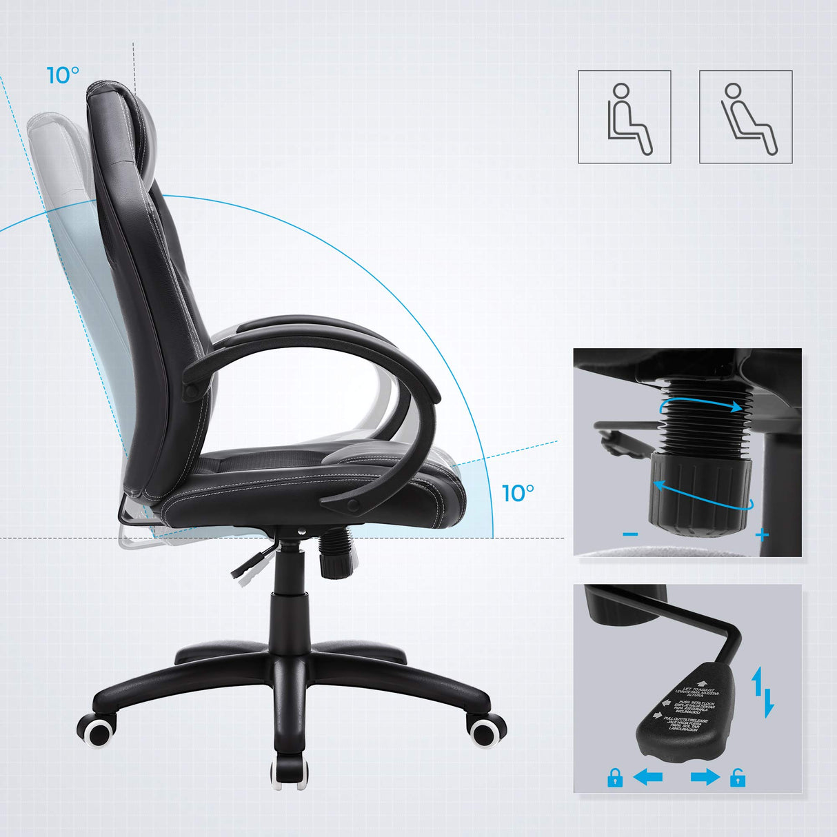 SONGMICS Racing Silla de Escritorio de Oficina Ergonómica Regulable con Ruedas, OBG56B, Negro, 776732