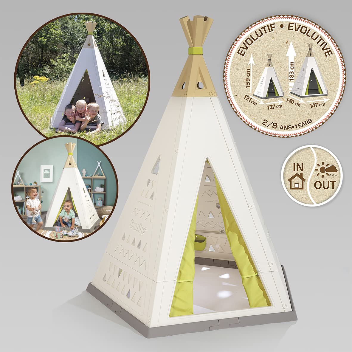 Smoby 7600811000 Casita Tipi de Plástico de Calidad para Interior o Exterior, Evolutiva y Ajustable a 2 Tamaños, Anti-UV, para Niños a Partir de 2 Años, Tamaño 127 x 121 cm/147 x 140 cm