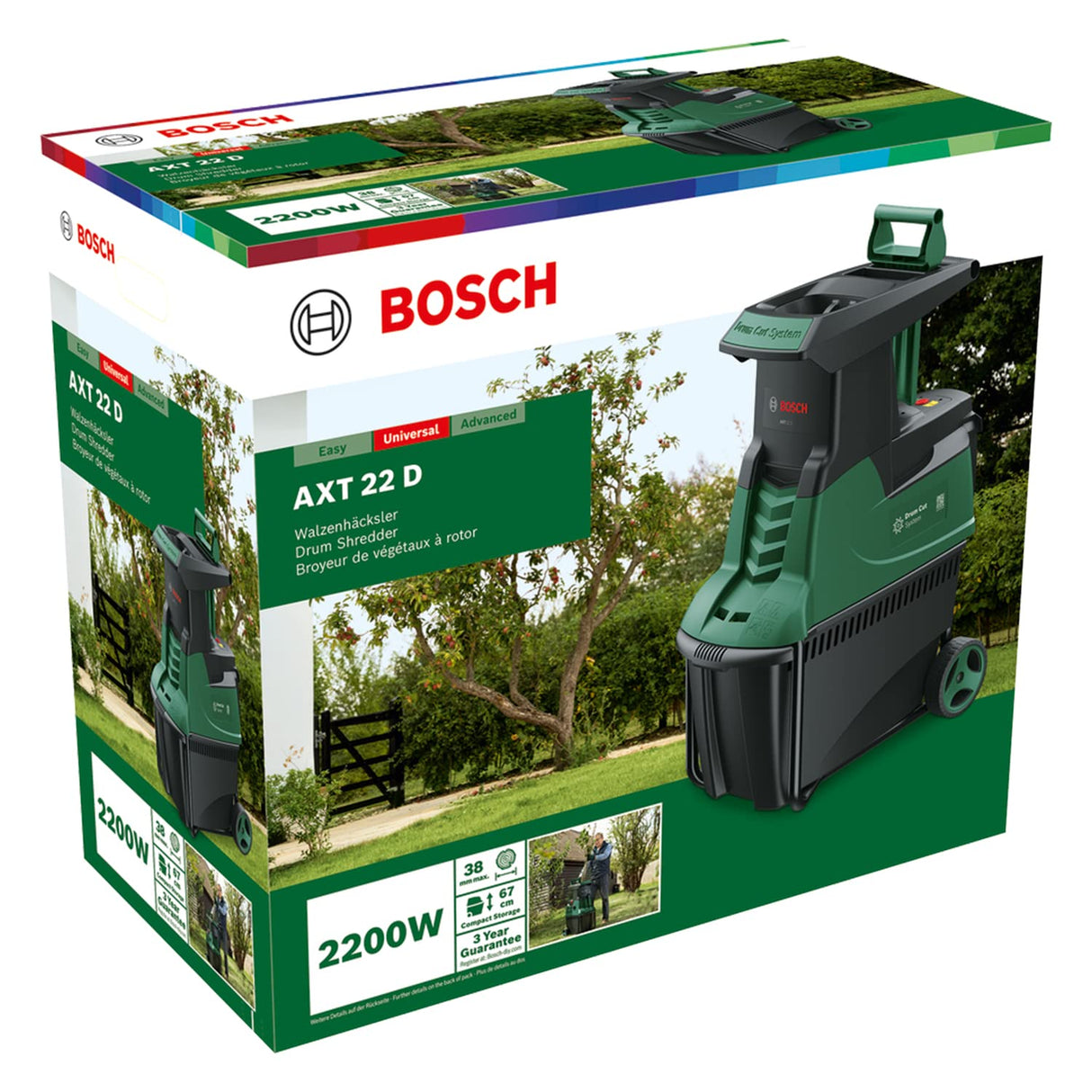 Bosch Home and Garden desmenuzadora silenciosa de jardín AXT 22 D (2200 W; apta para madera, setos y zarzas; caja recogida integrada 53 L; en embalaje cartón)