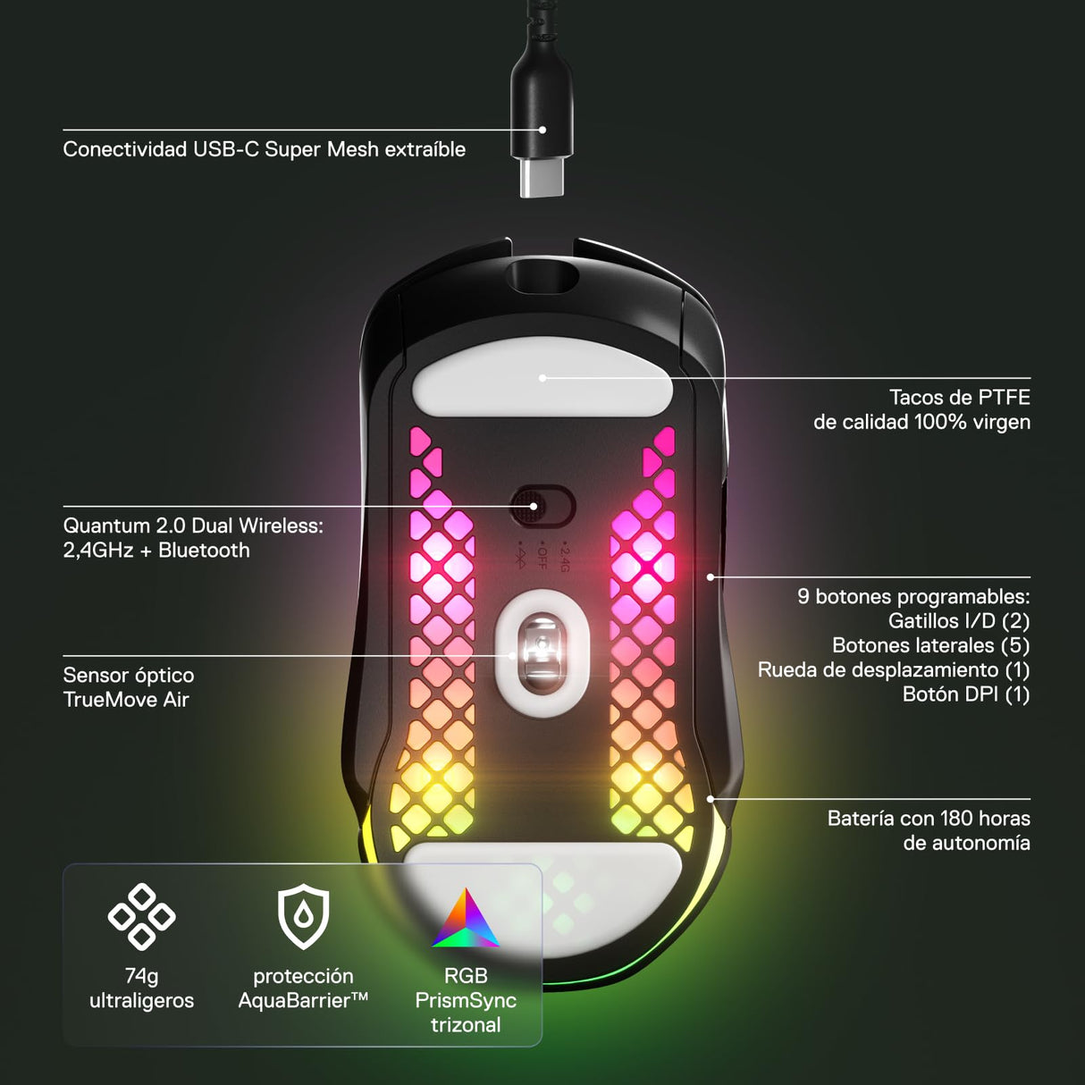 SteelSeries Aerox 5 Wireless - Ratón gaming perforado RGB - Diseño ultraligero resistente al agua - 9 botones - Bluetooth/2,4 GHz - Sensor óptico TrueMove Air 18K DPI