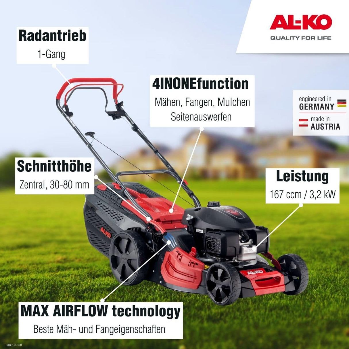 AL-KO Cortacésped de Gasolina Premium 474 SP-H, Ancho de Corte de 46 cm, Potencia de Motor de 3,2 kW, tracción Trasera de 1 Marcha, función 4INONE, para Superficies de césped de hasta 1400 m²