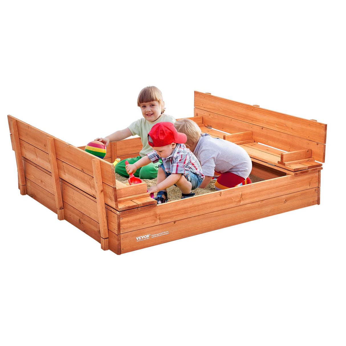 VEVOR Caja de Arena de Madera de 133 x 120 x 43 cm Arenero con Bancos Plegables y Revestimiento Inferior Caja de Arena de Madera para Niños de 3 a 12 Años para Exteriores, Patio, Playa, Parque