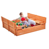 VEVOR Caja de Arena de Madera de 133 x 120 x 43 cm Arenero con Bancos Plegables y Revestimiento Inferior Caja de Arena de Madera para Niños de 3 a 12 Años para Exteriores, Patio, Playa, Parque