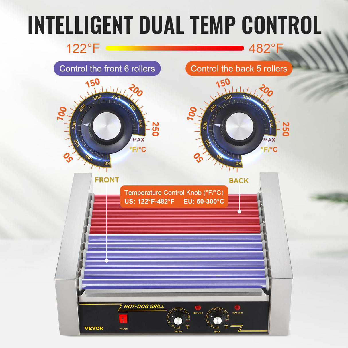 VEVOR Máquina de Rodillos para Perros Calientes de 56,2 x 47,5 x 44,2 cm con una Parrilla de Acero Inoxidable de Calidad Comercial, 50 °C-250 °C, 2,2 kW, para Puestos de Comida, Fiestas y Barbacoas