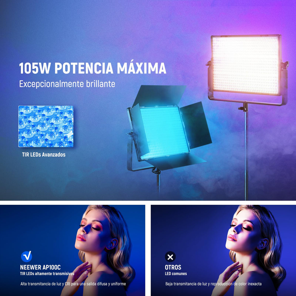 NEEWER 105W RGB LED Panel Luz Video Kit con Puertas Granero, 1200 LED 31500Lux@0,5m 2500K-10000K CRI96+/TLCI97+ Regulable, App/2,4G/Panel/Control DMX, Iluminación Grabación Fotografía Estudio, AP100C