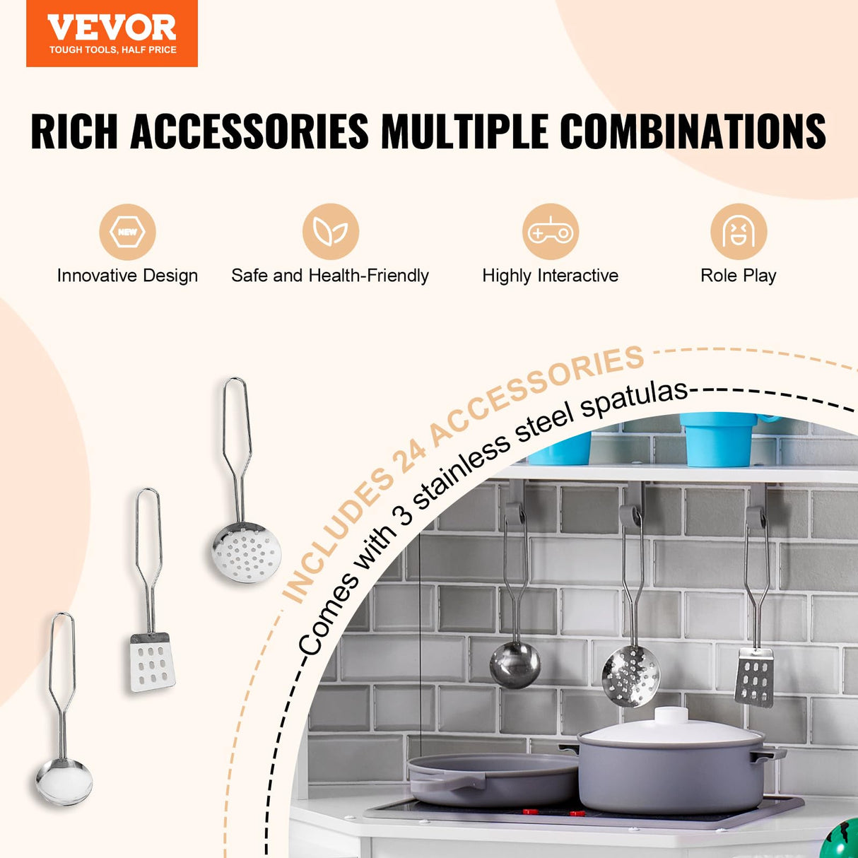 VEVOR Juego de Cocina de Madera de Esquina con Luces y Sonidos Cocina con Máquina de Hielo, Horno, Fregadero, Reloj, Microondas, Refrigerador y Accesorios para Niños Pequeños y Preescolares, Blanco