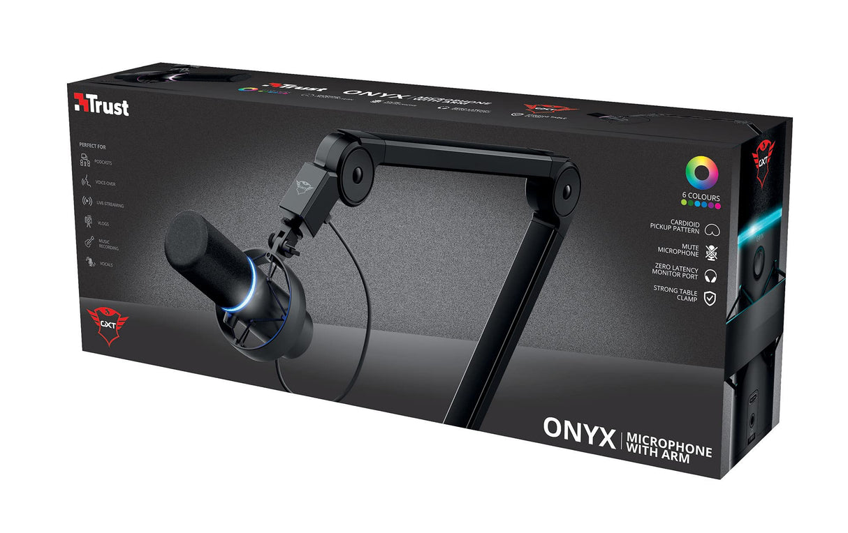 Trust Gaming 24354 GXT 255+ Onyx Micrófono Profesional con Brazo, Patrón Cardioide, con Filtro Pop, USB, LED, para Grabación, Podcasting, Streaming, Radiodifusión, Negro