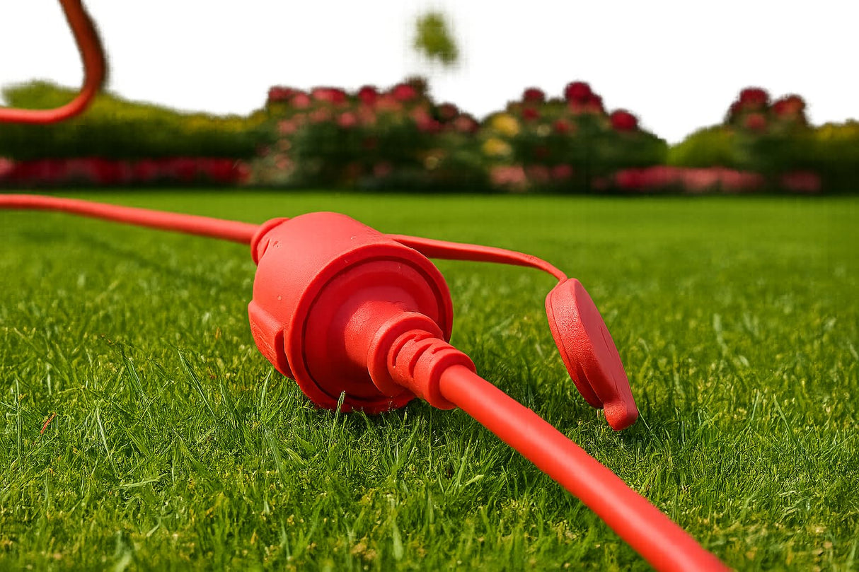 as - Schwabe alargador de Cables 25 m H07RN-F 3G1,5 - Cable de extensión 230 V / 16 A / 3.500 W - con Tapa de protección - Resistente al Polvo y a Las Salpicaduras IP44 - Rojo, 60373