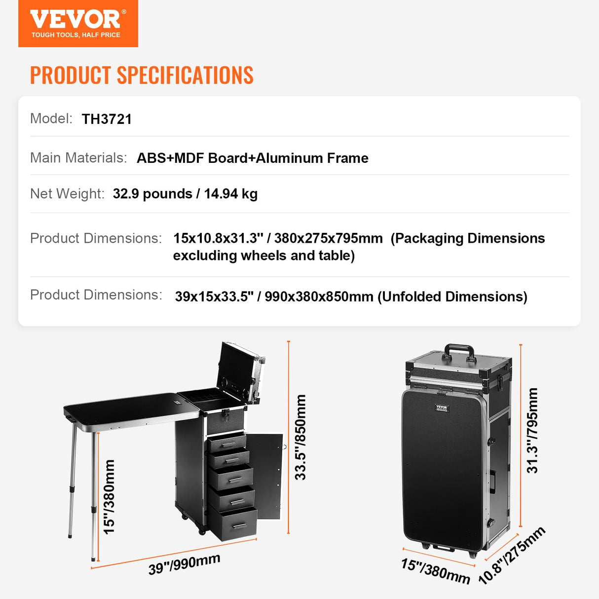 VEVOR Estuche de Maquillaje Profesional de Aluminio, Banco de Trabajo con Patas de Apoyo, Estuche de Cosméticos con Ruedas, Carro Organizador de Viaje Grande, con Ruedas Giratorias de 360°, Negro
