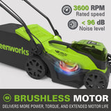 Cortacésped sin cable Greenworks GD24X2LM36K2x (Li-Ion 2x24V 36cm anchura hasta 250m² 40L recogedor de hierba 5 regulaciones altura de corte con batería de 2x2Ah y cargador de doble ranura)