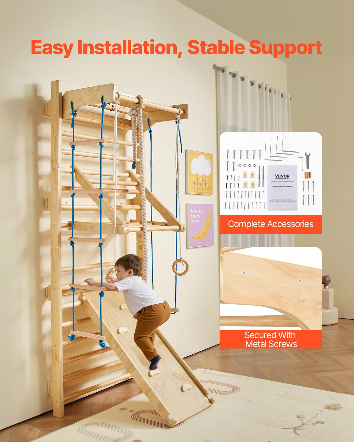 VEVOR-8 en 1 Kit de Escalada Niveles Pared, Tobogán, Barra de Dominadas, Anillas de Gimnasio, Columpio y Escalera de Cuerda, Color Madera (15 Levels Solid Wood Indoor Jungle Gym)