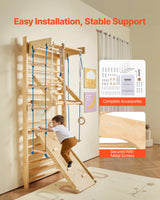VEVOR-8 en 1 Kit de Escalada Niveles Pared, Tobogán, Barra de Dominadas, Anillas de Gimnasio, Columpio y Escalera de Cuerda, Color Madera (15 Levels Solid Wood Indoor Jungle Gym)