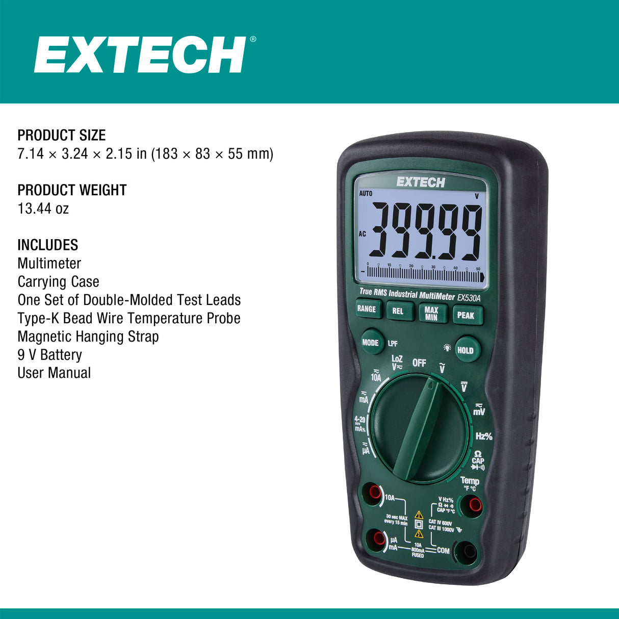 Extech EX530A Heavy Duty True RMS Multimeter (50000 count)