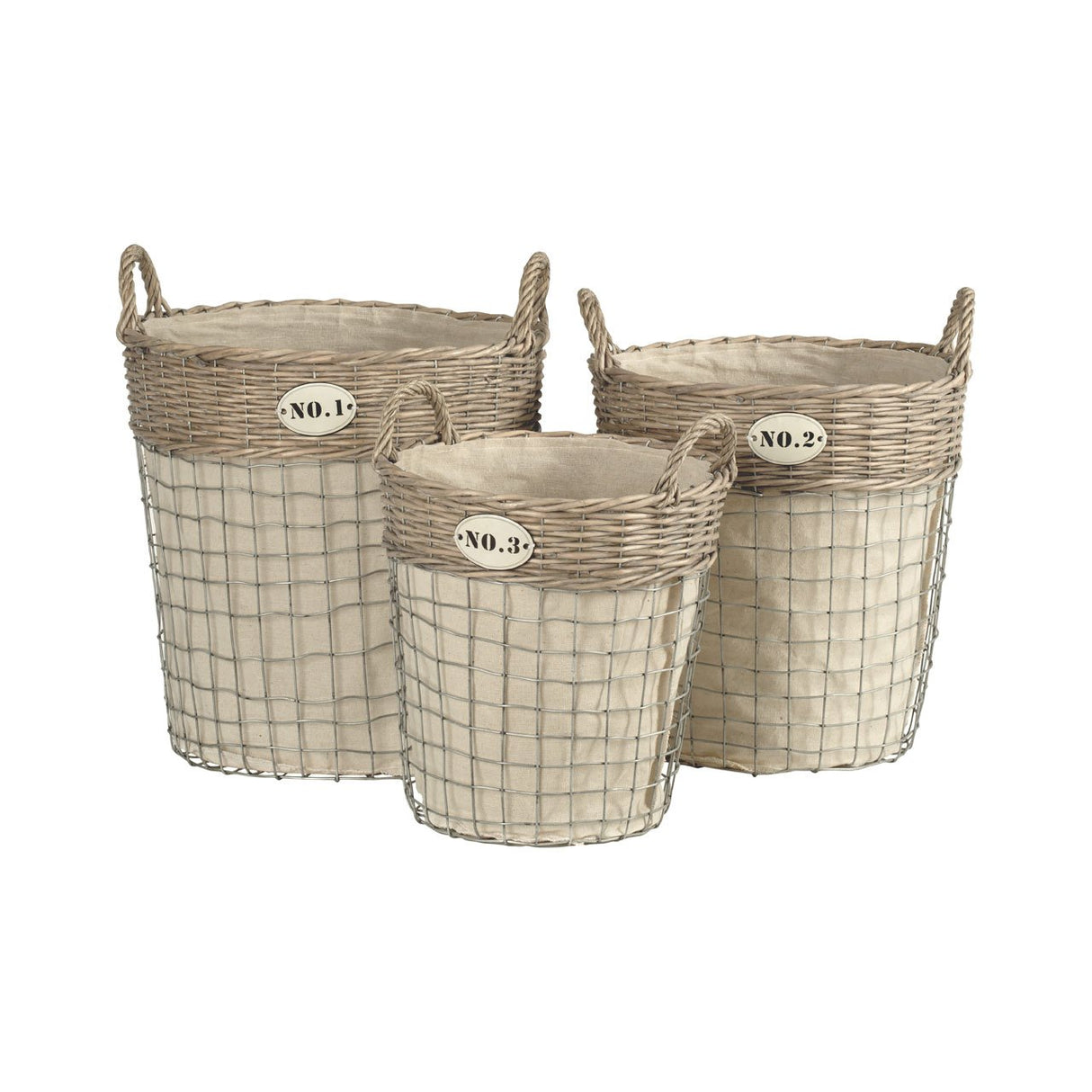 Premier LIDA Juego de 3 Cestas para la Ropa Sucia Redondo Par Aplicado Algodón, Tejido y Metal/Willow-Natural