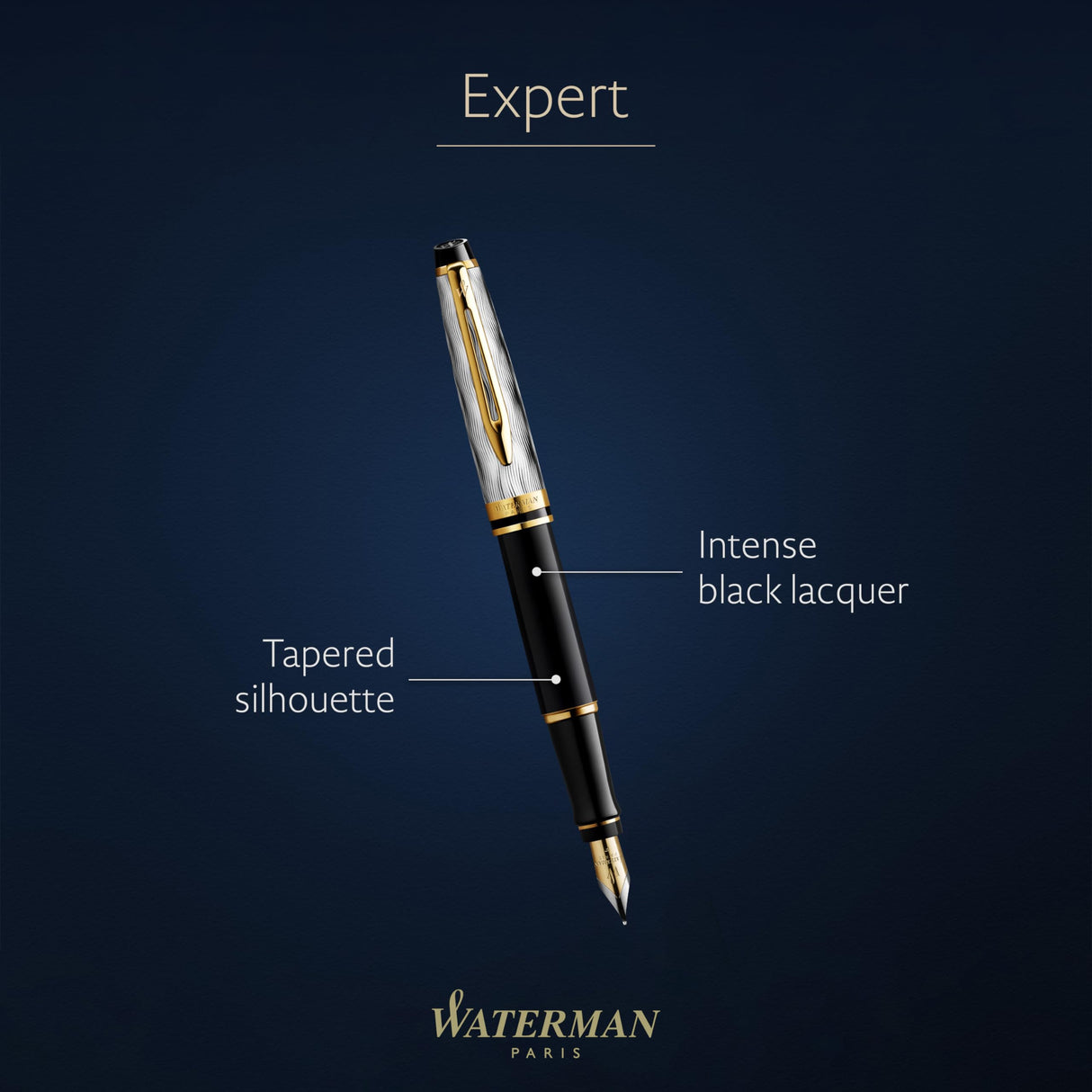Pluma estilográfica Waterman Expert, en metal y lacado negro con adorno dorado, capuchón cincelado, plumín mediano de acero inoxidable