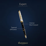 Pluma estilográfica Waterman Expert, en metal y lacado negro con adorno dorado, capuchón cincelado, plumín mediano de acero inoxidable