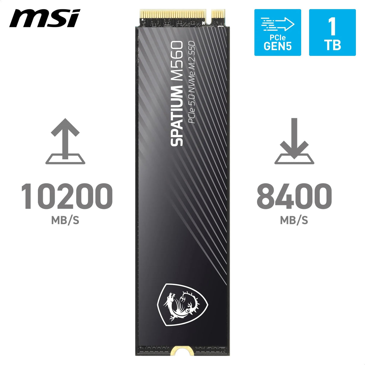 MSI Spatium M560 SSD 1TB PCIe 5.0 NVMe M.2 Unidad de Estado sólido Interna, 10.200MB/s Read & 8.400MB/s Write, 3D NAND, Built-In Data Security, Center