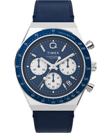 Timex Reloj Q Chronograph - Reloj de 40 mm para hombre, cuero azul, correa de liberación rápida de dos piezas, esfera azul, caja de acero inoxidable TW2W51700