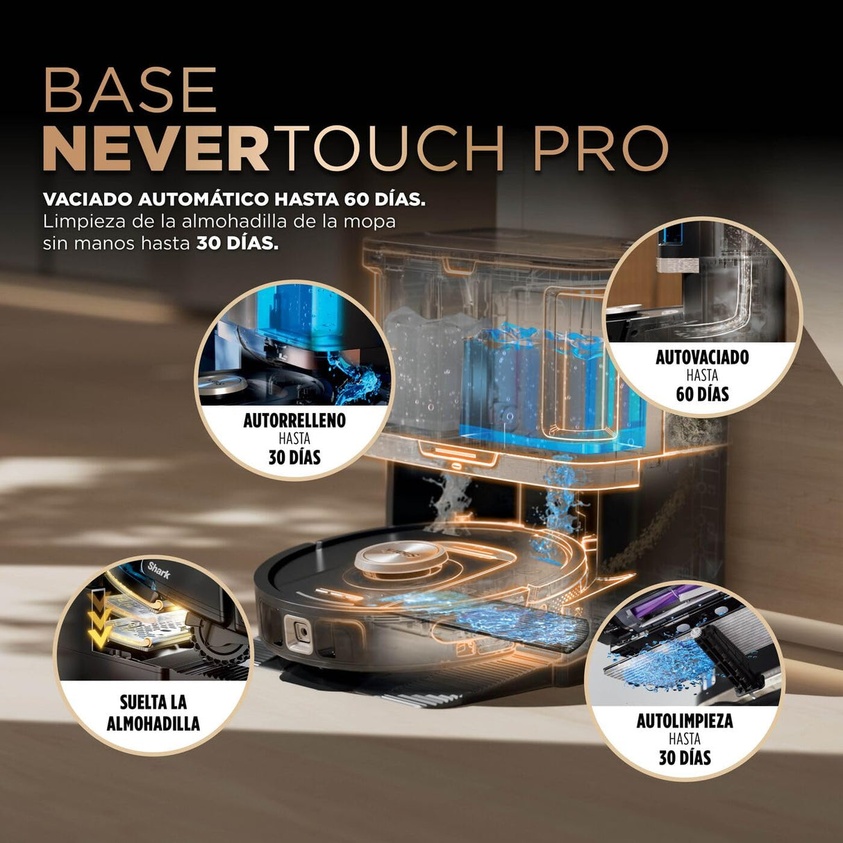 Shark PowerDetect Robot Aspirador y mopa 2 en 1, Base NeverTouch Pro con Limpieza, Carga y Vaciado automáticos, 60 días, navegación 3D y LiDAR, NeverStuck, WiFi/App, Negro, RV2800ZEEU