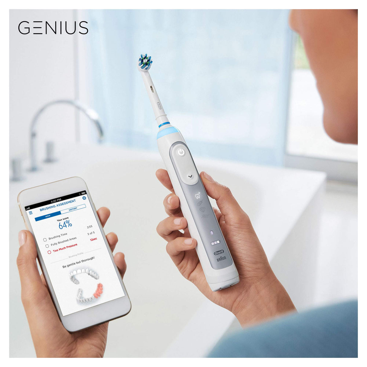 Oral-B Genius 8500n - Cepillo de dientes eléctrico, recargable, con 1 mango conectado por Bluetooth, detector de posición, plateado, 1 cabezal y 1 funda de viaje