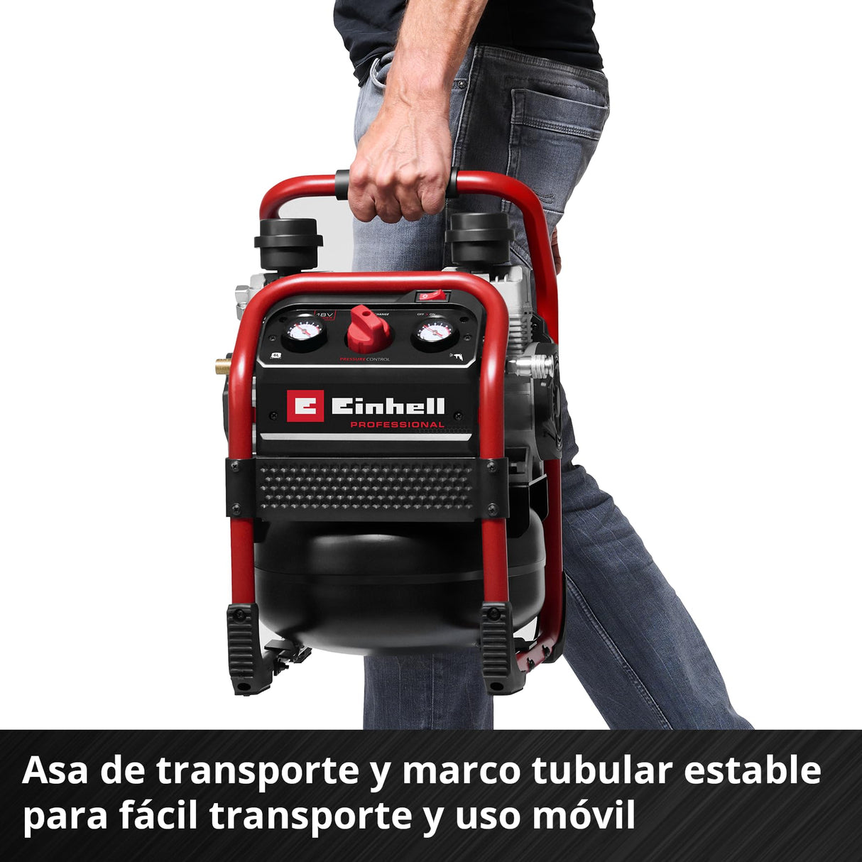 Einhell Professional Compresor con batería SILENZZO 18/160 Power X-Change (18 V, máx. 8 bar, depósito de 6 l, potencia de aspiración 160 l/min, manómetro, sin aceite, silencioso, sin batería)