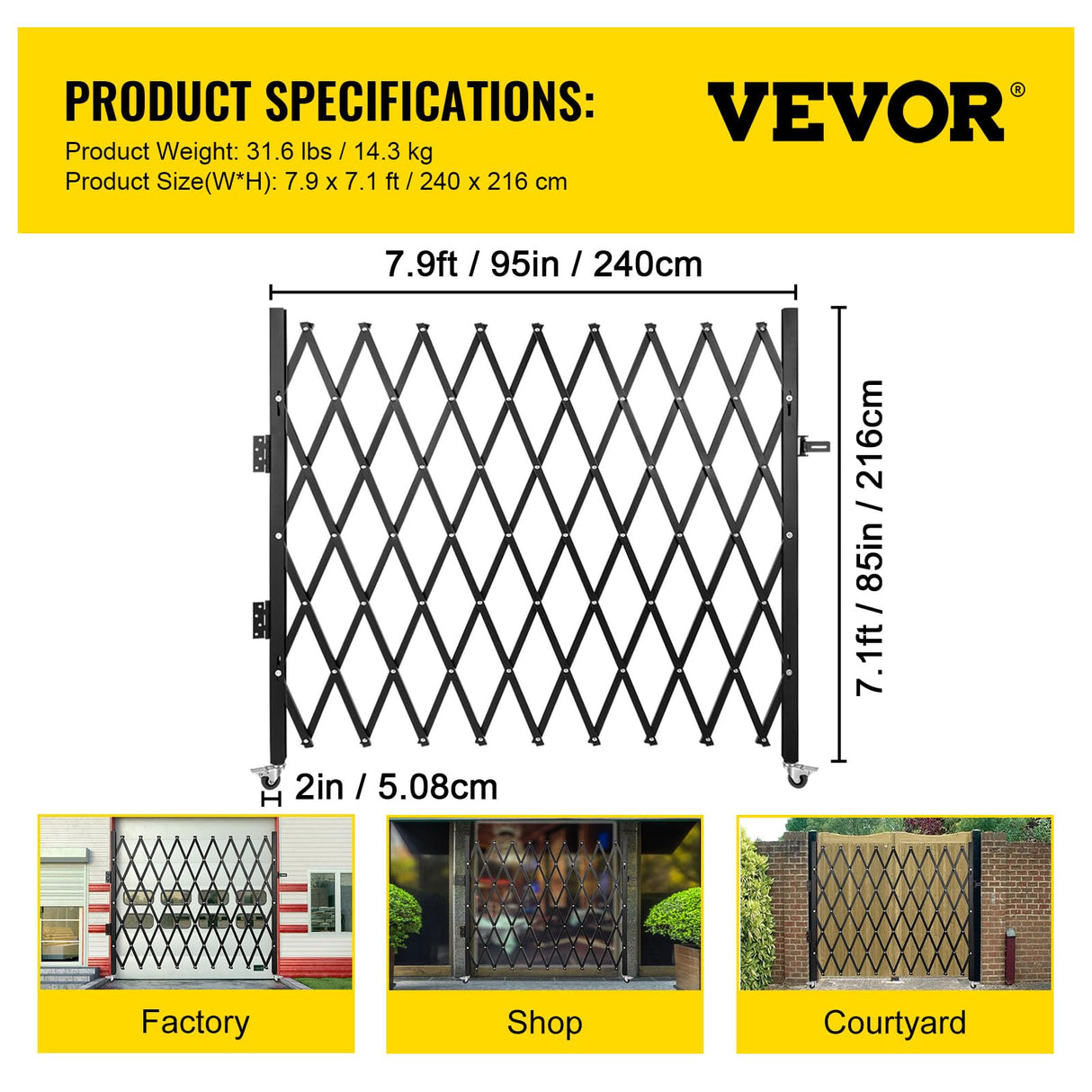 VEVOR Barrera de Seguridad Extensible Plegable Individual 2,4 x 2,16 m Valla de Escalera de Acero Enrollable 360° Puerta de Tijera o Puerta con candado para Garaje del sótano de casa, Negro