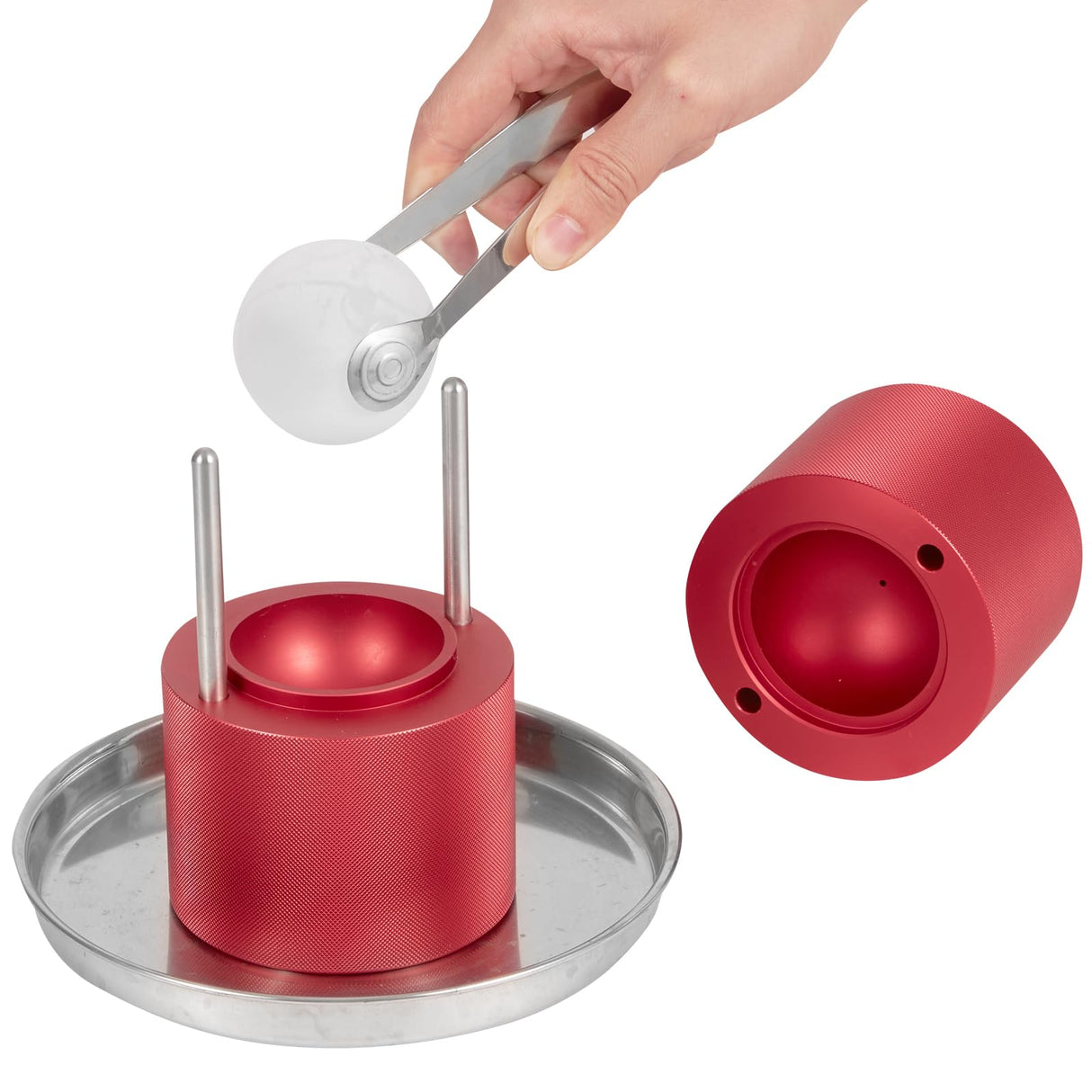 VEVOR Prensa para Bolas de Hielo 2,4" Kit de Aleación de Avión para Esferas de 60mm, Con Pinza y Bandeja de Goteo, para Whisky, Cocktail, Rojo