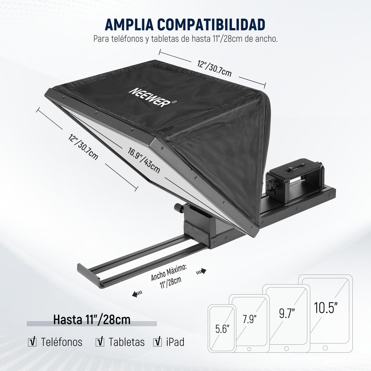 NEEWER Basic X16B Teleprompter Elevable Aleación Aluminio 16"" para iPad, Tableta Celular Cámara DSLR sin Ensamblaje, Remoto y APP Control, Compatible con iOS y Android, para Enseñar y Live Streaming