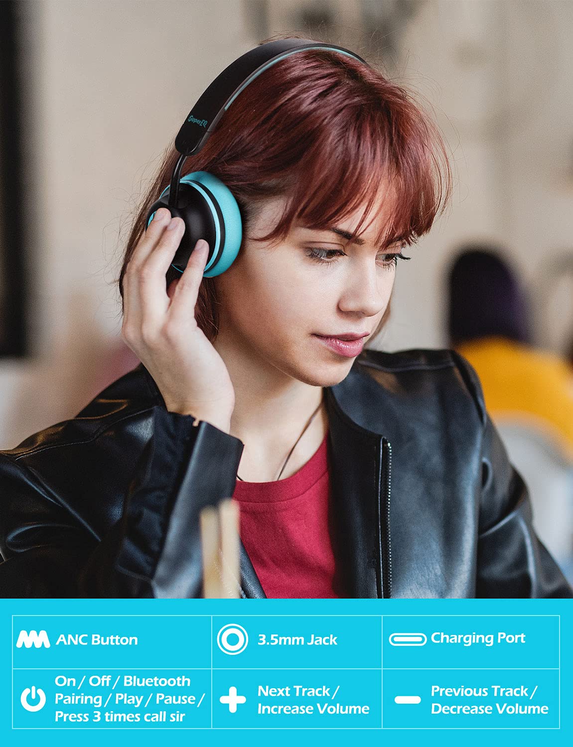 SuperEQ Auriculares con Cancelación Activa de Ruido, S2 Cascos Inalambricos Bluetooth 5.0 con Micrófono CVC 8.0, Bass Profundos, 25 Hrs de Reproducción para PC/Teléfonos Móviles/TV