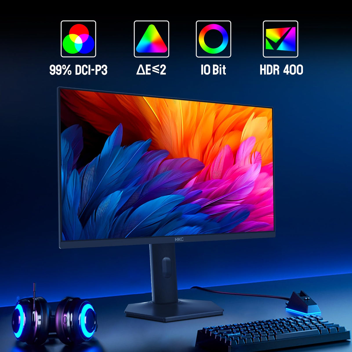 HKC Monitor OLED para Juegos de 27 Pulgadas, 240 Hz, QHD (2560 × 1440), 0,03 ms, HDR True Black 400, 99% DCI-P3, Eye Care, HDMI 2.1, DP 1.4, VESA 100 × 100, Ajuste de Altura e Inclinación, Gris