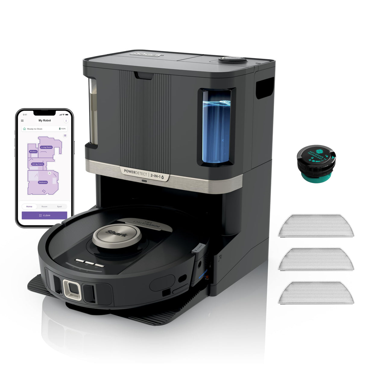 Shark PowerDetect Robot Aspirador y mopa 2 en 1, Base NeverTouch Pro con Limpieza, Carga y Vaciado automáticos, 60 días, navegación 3D y LiDAR, NeverStuck, WiFi/App, Negro, RV2800ZEEU