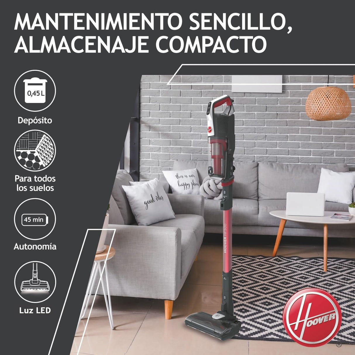 Hoover HF500 Plus Home HF522STH Aspiradora Escoba sin Cable, Accesorio 2 en 1, 45 min, Carga ultrarápida 2.5h, 15500 Pa, Dual led localizador de Polvo, Color Rojo