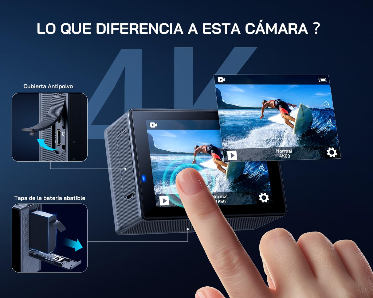 WOLFANG GA300 Cámara Acción 4K, Submarina 40m Impermeable con Tarjeta 32GB, WiFi 60FPS 24MP, Zoom 8X + Gran Angular 170° EIS, Mando 2.4G, Pantalla Táctil, 2 Baterías 1350mAh