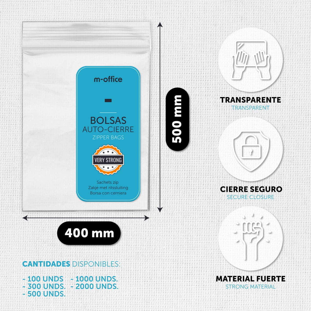 Bolsas con Cierre Hermético, Bolsas Zip de Plástico Transparentes Ideales para Congelar Alimentos, Guarda Documentos, Bolsas Reutilizables y de Conservación · m-office (400x500mm, 1000unds)