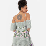Maya Deluxe Vestido Largo para Mujer, Hombros Descubiertos, Tirantes Delgados, Bordado Floral, Volantes, Tul, Invitada de Boda, Lirio Verde, 38