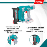 TOTAL - Clavadora de Pins a Batería 20V | 3 Pines | Compatible 10-35 mm | Cargador 140 Pines | Modelo TCBNLI3603 | Herramienta Eléctrica con Maletín y 3600 Pines Incluidos