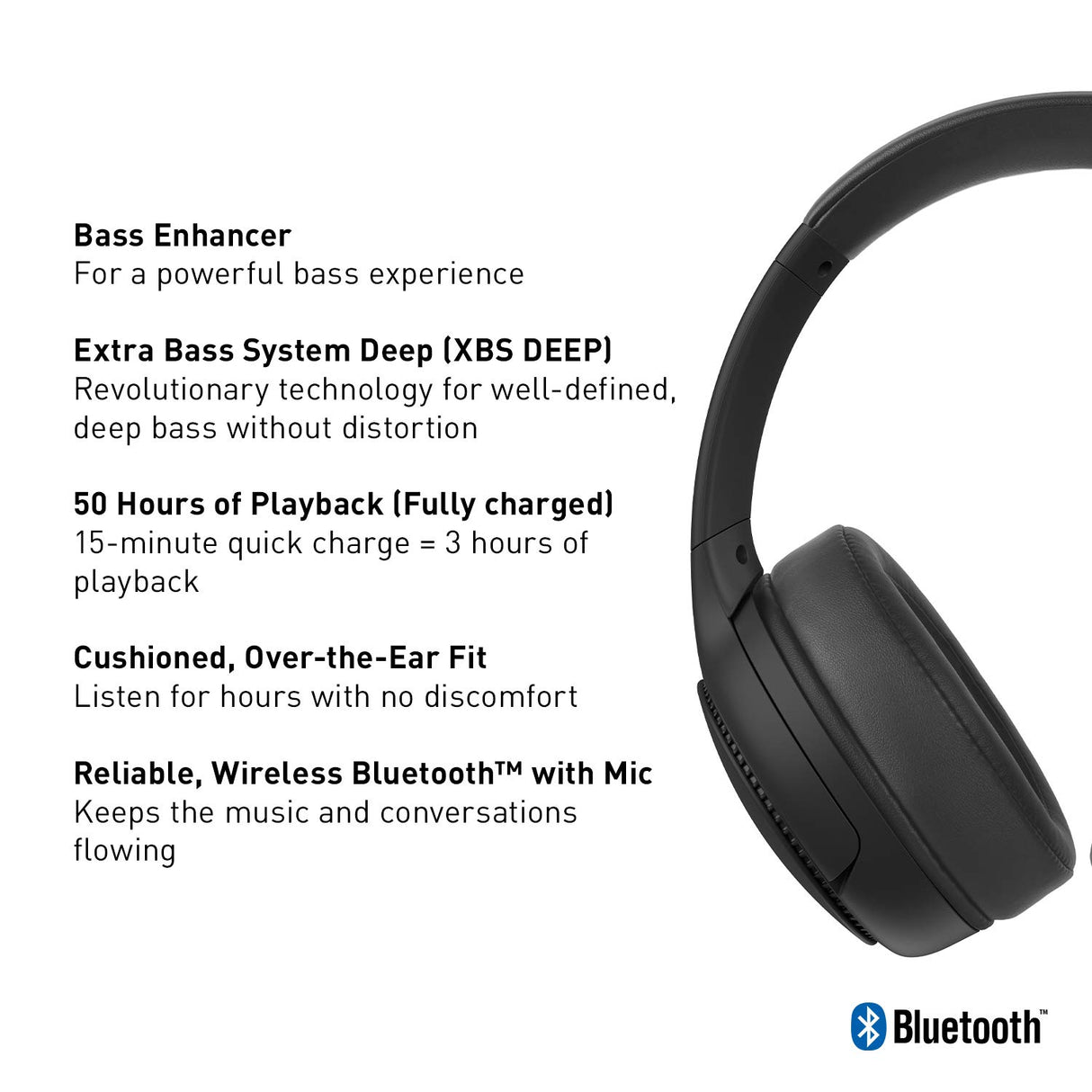 Panasonic RB-M300BE-K Auriculares Inalámbricos Bluetooth, Control por Voz, XBS Potenciador de Bajos, Cable de 1,2 m, Duración de la Batería de Hasta 50 h, Negro