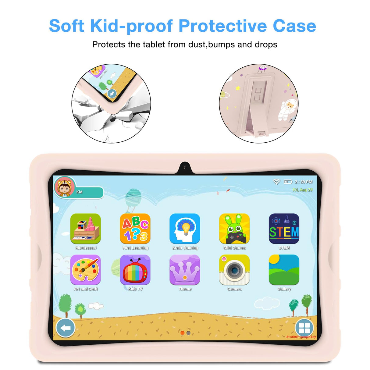 DOOGEE U10 Kid Tablet Infantil 10,1" Android 13,Tablet para niños Quad Core 9GB +128GB/TF 1To,Kids Space,Widevine L1, WiFi 6, BT 5.0, GPS,8MP+5MP,Material de Silicona alimentaria-Rosa