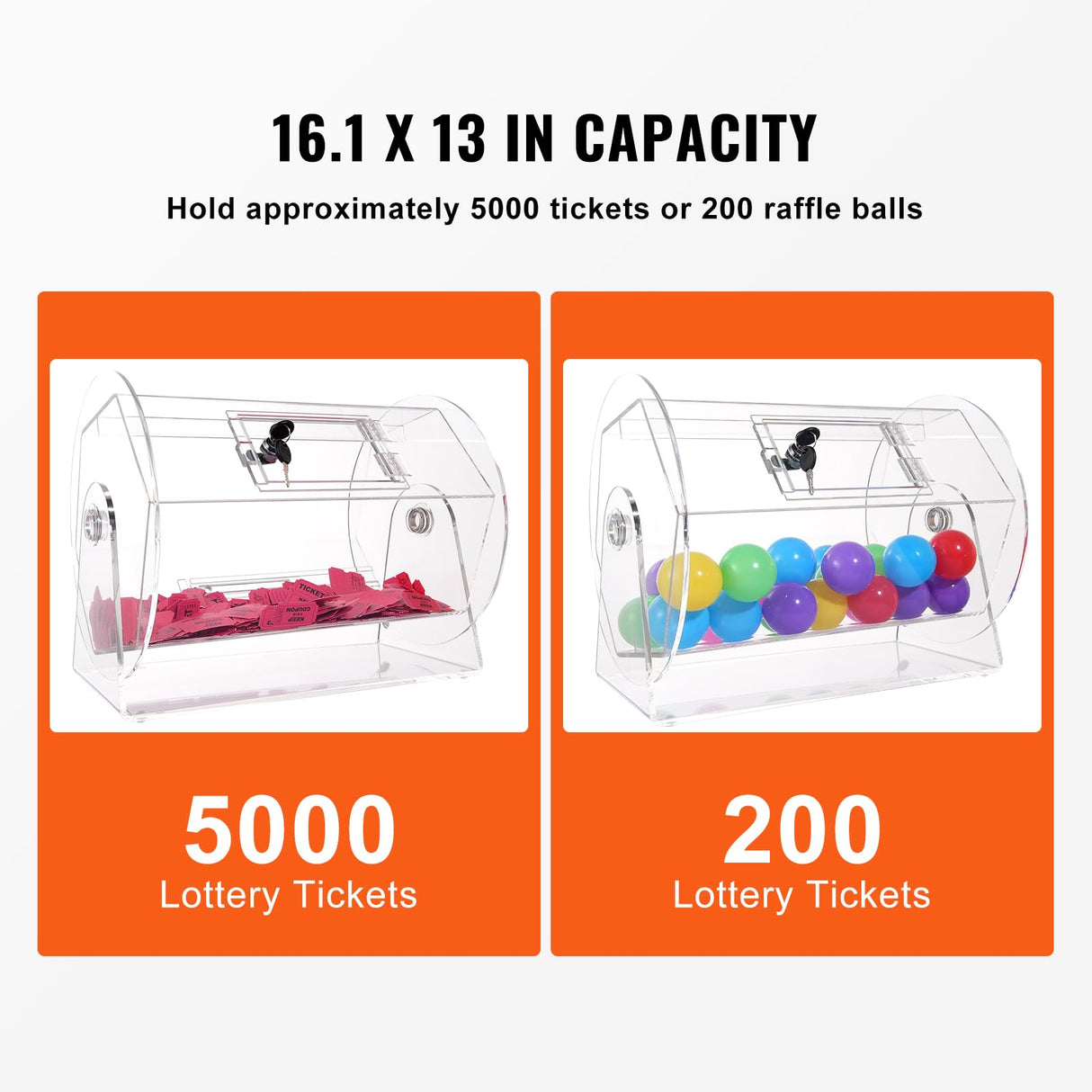 VEVOR Tambor de Lotería de Acrílico para Rifa Capacidad de 5000 Boletos o 200 Bolas Jaula de Juego de Bingo Transparente con 2 Llaves 410 x 320 mm para Votación, Evento, Fiesta, Sala de Estar